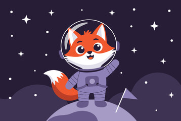 Fototapeta premium Adorable cartoon fox dressed as an astronaut standing on the moon in space, waving its hand surrounded by stars and a flag.