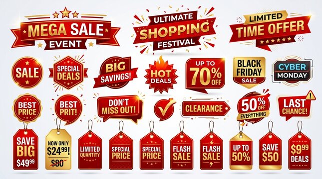 Red and gold promotional discount badge collection for retail marketing events and online shopping clearance campaigns featuring various label shapes