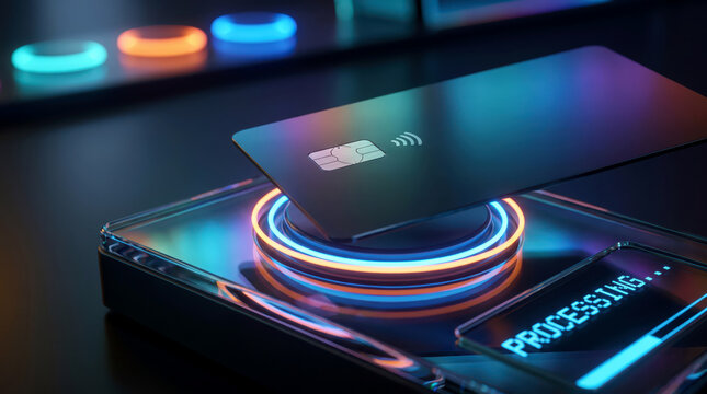 Contactless credit card processing on a futuristic neon payment terminal.