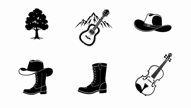 Country Music Icons: Tree, Guitar, Cowboy Hat, Boots, Violin, Mountains