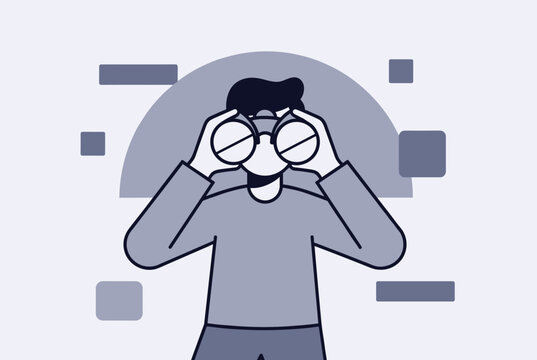 Curious man holding binoculars to his eyes and looking ahead, representing search, research, and future vision in simple style.