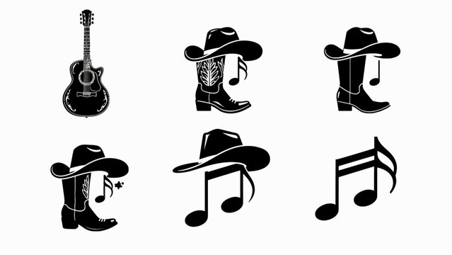 Country Music Icons: Guitar, Cowboy Boots, Hats & Musical Notes Silhouette Set