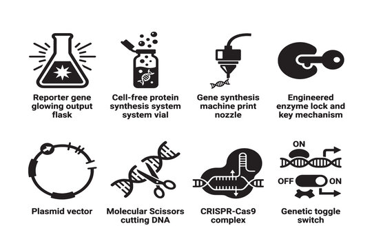 Collection of black and white representing genetic engineering and molecular biology concepts science