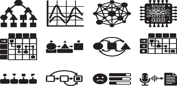 Collection of black and white representing data analysis algorithms and processes flowchart
