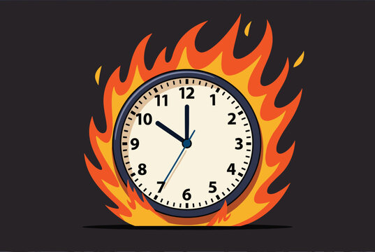 Urgent deadline concept featuring a classic wall clock engulfed in bright orange and yellow flames against a dark background.