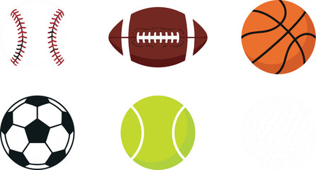 Sports Ball Vector Icon Set Featuring Baseball, American Football, Basketball, Soccer Ball, Tennis Ball, and Golf Ball Graphics for Championship and Game DesignsSports Ball Vector Icon Set Featuring B © Chiron