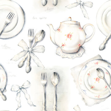 Delicate watercolor hand drawn seamless pattern, vintage floral plates, teapot, silverware, lace doily, bows, menu, isolated on white background. Romantic cottage core fabric in pastel tones