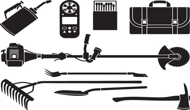 Collection of black silhouette garden and outdoor tools and equipment garden tools outdoor equipment
