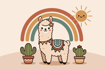 Obraz premium Cute fluffy cartoon llama standing in front of a colorful pastel rainbow and a smiling sun with potted cacti.