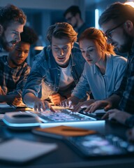 Fototapeta premium A diverse startup team brainstorms around a futuristic sleep device, notebooks, and glowing app screens in a modern office. Innovative, focused mood; soft blue lighting.