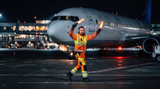 Airport worker using wands to direct a plane at night