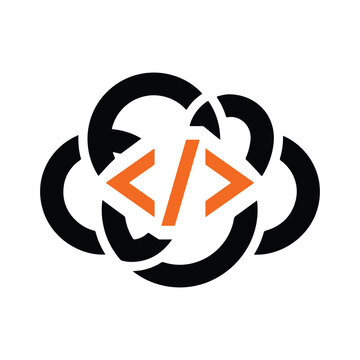 Vector graphic of interconnected code symbols in orange and black on white background for coding, development, and technology concepts.