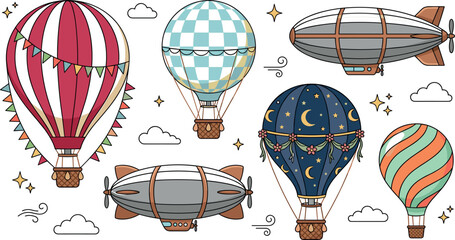 Vintage Hot Air Balloon and Airship Vector Set Featuring Steampunk Blimps, Colorful Patterned Aerostats, Clouds, and Stars for Sky Travel Graphic DesignVintage Hot Air Balloon and Airship Vector Set F © Chiron