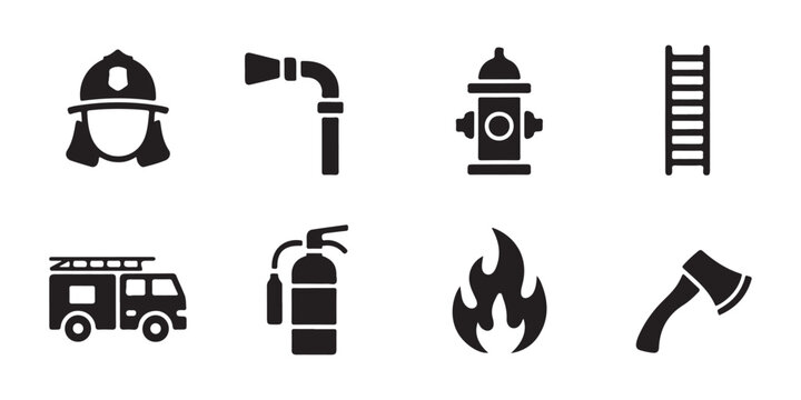 Set of firefighter tools and equipment icons depicting fire safety gear and rescue department items.