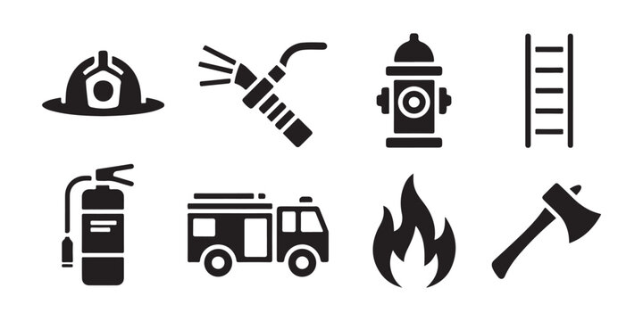 Set of firefighter rescue equipment and tools icons isolated on dark grey checked background grid.
