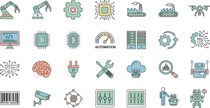 Industrial automation, robotics, artificial intelligence, cloud computing, machine learning, data analysis, smart technology, vector illustration