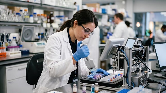 Female scientist conducts research in modern lab