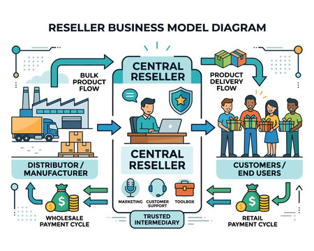 Diagram illustrating the reseller business model, showing product flow from manufacturer to central reseller and end users, including payment cycles and intermediary services.