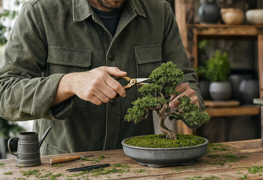 Man trimming a small juniper bonsai tree using brass shears. Working at a rustic wooden table, shaping the miniature branches. Vintage and peaceful workshop scene