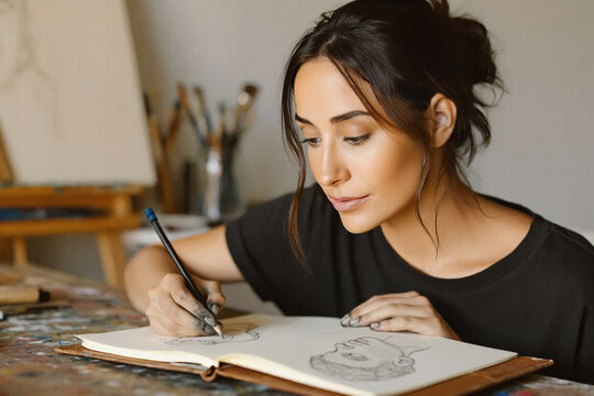 Female artist focuses on drawing portraits in her open sketchbook with a graphite pencil. Her charcoal-stained fingers rest on the pages at a messy studio table, creating an authentic, creative mood