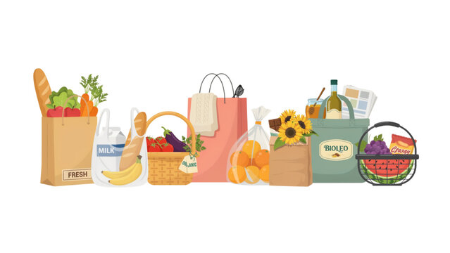 Colorful assortment of grocery bags and fresh produce displayed in a row Vector