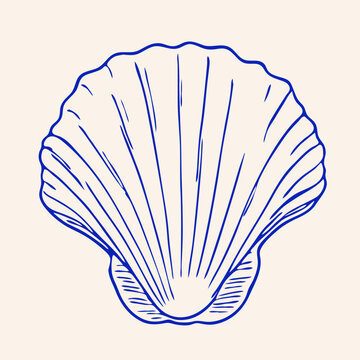 Scallop shell with radiating ribs and curved edge. Beach, seafood, marine nature and coastal decoration concept. For restaurant menus, seaside decor and tourism materials. Blue hand drawn line art.