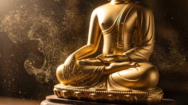 Golden statue in meditation with ethereal gold dust and dark background
