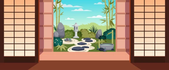 View from traditional japanese house. Zen garden with bamboo, stone lantern and rock path, peaceful calm asian landscape, minimalist outdoor design, tidy vector cartoon isolated concept © YummyBuum