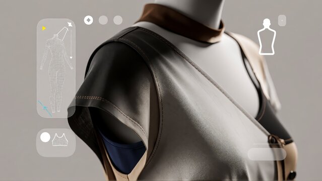 Digital fashion design interface showing virtual clothing on a mannequin in a modern studio setting