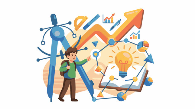 Boy with backpack and drawing compass points to lightbulb idea with charts