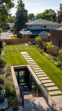 Entrance to an underground shelter in the backyard of a house, a protective secret bunker, view from above