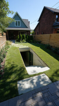 Entrance to an underground shelter in the backyard of a house, a protective secret bunker, view from above