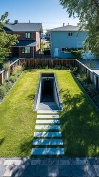 Entrance to an underground shelter in the backyard of a house, a protective secret bunker, view from above