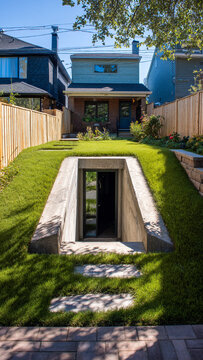 Entrance to an underground shelter in the backyard of a house, a protective secret bunker, view from above