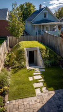 Entrance to an underground shelter in the backyard of a house, a protective secret bunker, view from above