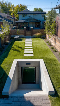 Entrance to an underground shelter in the backyard of a house, a protective secret bunker, view from above
