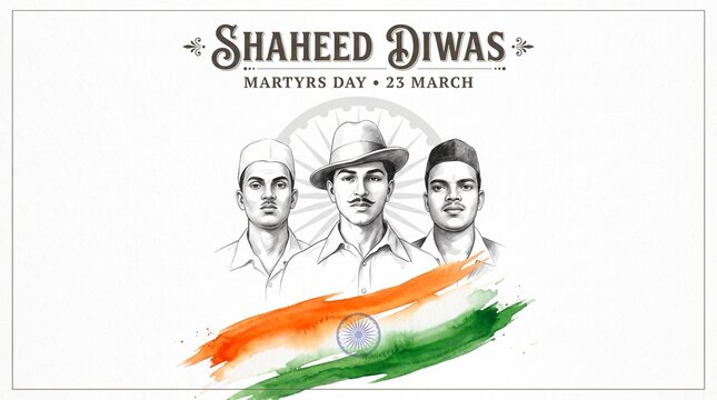 Pencil of three indian martyrs with a waving tricolor flag at the bottom for shaheed diwas memorial march
