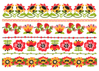 Fototapeta premium Scandinavian folk borders. Floral trims, flowers, berries, decorative ornaments for textiles, packaging and patterns, botanical motifs design elements, splendid vector flat style isolated set