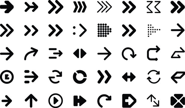 Black arrow icon collection with various directions and pointer shapes for digital design