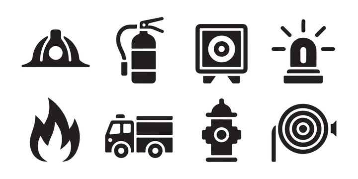Fire safety icon set containing helmet extinguisher alarm power button truck hydrant hose reel.