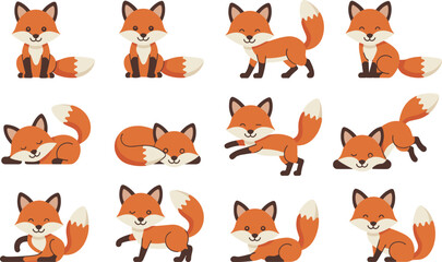 Obraz premium Cute cartoon fox characters in different poses and emotions isolated on white background