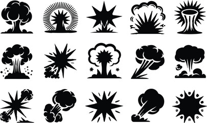 Explosion silhouette icons with smoke clouds and bang effects isolated on white vector art © MstRina