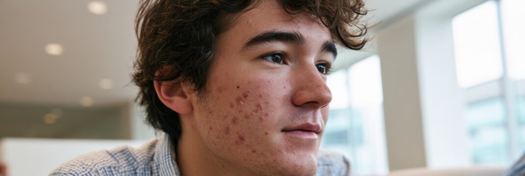 Close-up portrait of young man with acne on cheek looking out a window