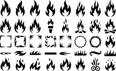 Obraz premium Set of black fire flames silhouettes isolated on white background for design element use