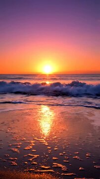 Vibrant Sunset Beach with golden sun reflecting on ocean waves and wet sand under a purple sky, ideal for travel vlogs and social media backgrounds Vertical. Video. Portrait Orientation.
