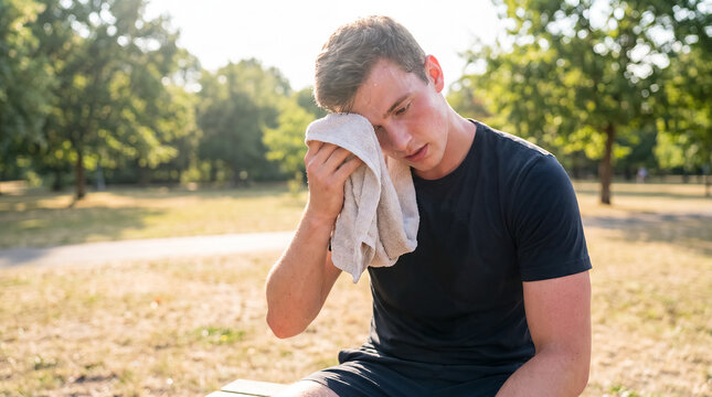 summer heat man cooling towel dehydration relief outdoor wellness young man cools his face with a damp towel after walking in harsh sunlight showing practical heat relief and exhaustion prevention