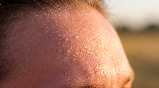 summer heat sweat forehead dehydration health warning hot weather macro detail of sweat droplets on a person forehead during a heat wave showing body stress overheating and hydration need with