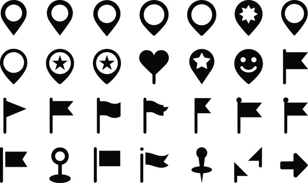 Set of black map pointer and flag icons isolated on white background for design elements
