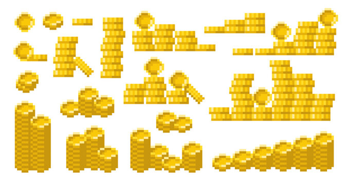 Pixel gold coins. Arcade game currency stacks in retro 8 bit style, treasure money assets, economy, finance, cash, wealth accumulation and digital economy qualitative vector isolated set