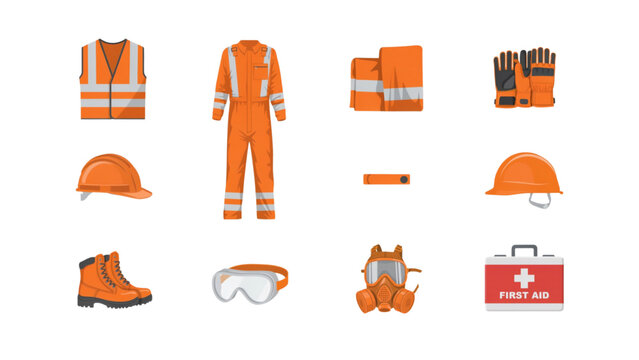 Set of colorful safety workwear and equipment icons Vector